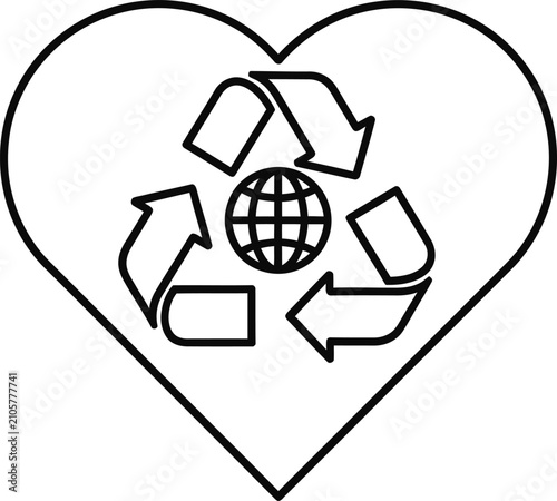 Heart with recycle symbol and globe inside representing eco-friendly love.
