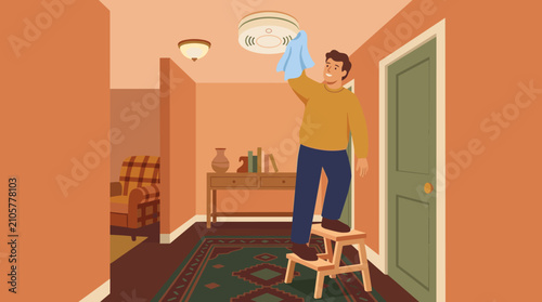 A man on a stepladder cleaning a smoke detector on the ceiling in a cozy hallway. Home maintenance, safety check, and cleaning concept.