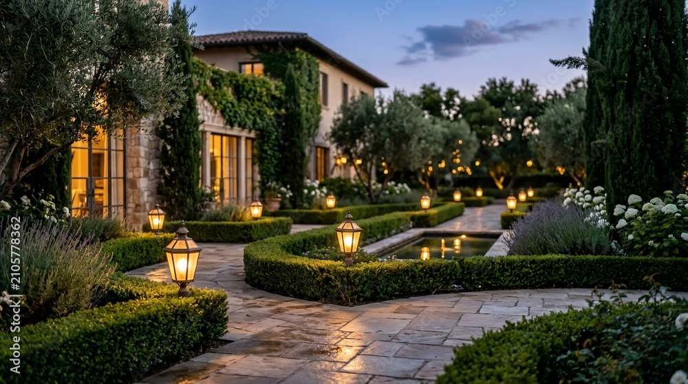 Fototapeta premium Elegant estate garden with lanterns and water feature at twilight