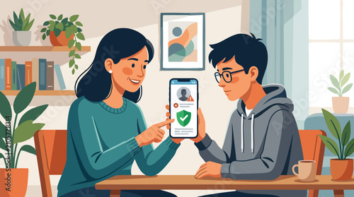 Mother teaching son about cybersecurity and mobile phone safety using a secure protection app on smartphone. Concept of digital parental control and safety.