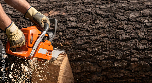 Person working with orange gasoline chainsaw cutting through big heavy timber trunk.