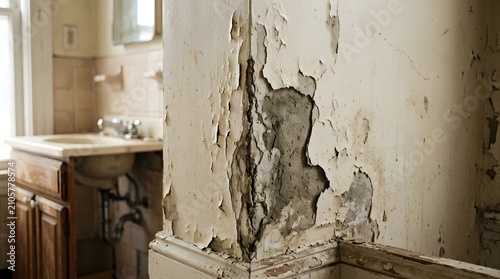 Dilapidated bathroom wall with peeling paint and damaged plaster