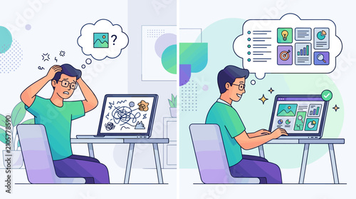 Illustration comparing confused man struggling with messy tasks versus productive man successfully organizing work and analyzing business data on a laptop.