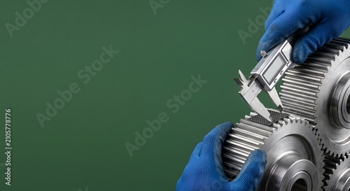 Technician checking industrial gear size with digital caliper tool in metal factory.