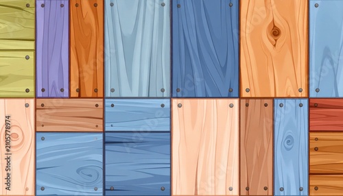 Colorful Wooden Planks Background with Varied Textures and Colors.