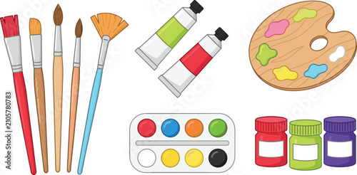 Art Supplies and Painting Equipment Element Set with Paintbrushes Color Tubes Wooden Palette Watercolor Palette and Acrylic Jars for Creative Education Hobby and Graphic Designs Vector Graphic