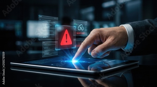 A hand interacts with a touchscreen displaying an alert icon and digital data elements for cybersecurity and data protection.