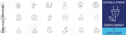 Green energy and renewable eco friendly technology line icon set. Vector symbols for solar power panel, wind turbine generator, electric battery charging, clean energy, and sustainable nature conserva