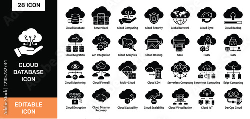 Cloud Computing Glyph Icon Set – Server, Network, Security, Data Vector Pack