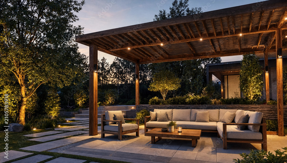 Obraz premium Backyard patio retreat with wooden pergola and stylish outdoor furniture during peaceful sunset hours backyard furniture landscape lighting architecture exterior relaxation lifestyle