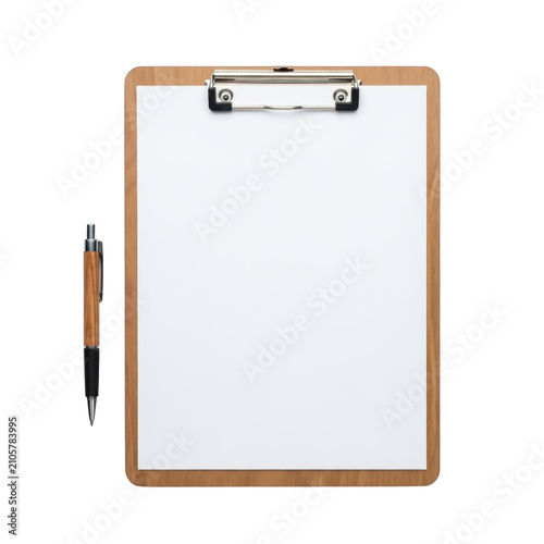 Wooden clipboard with a blank white paper sheet and a matching wooden ballpoint pen for writing isolated on transparent background