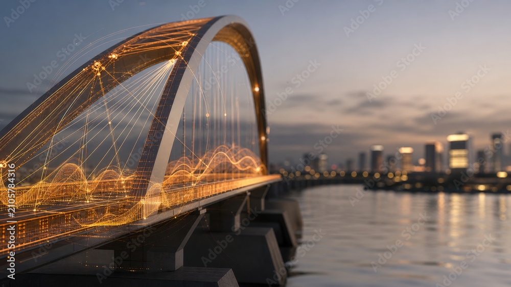 Fototapeta premium Smart Pedestrian Bridge With Holographic Structural Dashboard