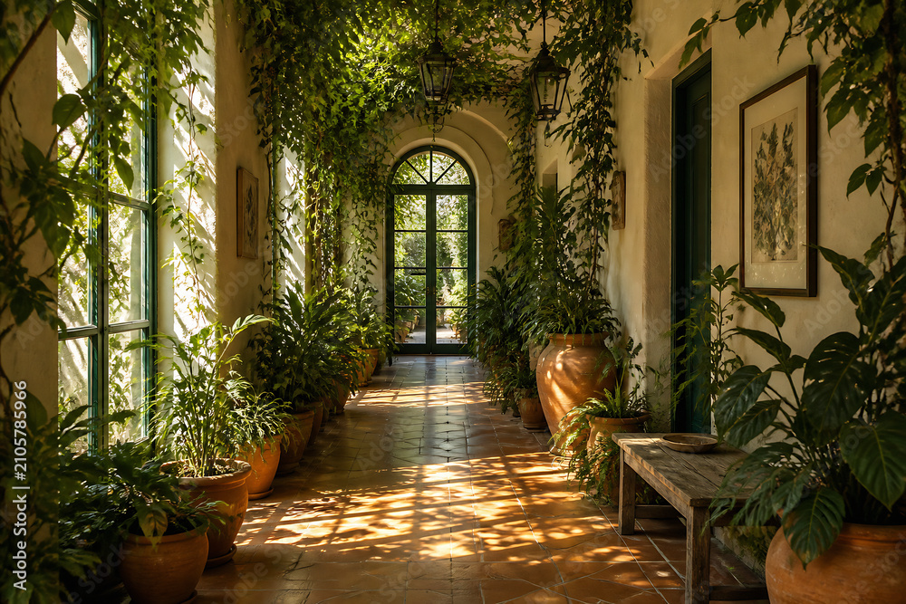 Fototapeta premium A sunlit, ivy-covered arched hallway with potted plants and framed art.
