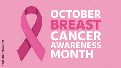 A large pink ribbon with the text OCTOBER BREAST CANCER Awareness Month against a pink background, created with generative ai