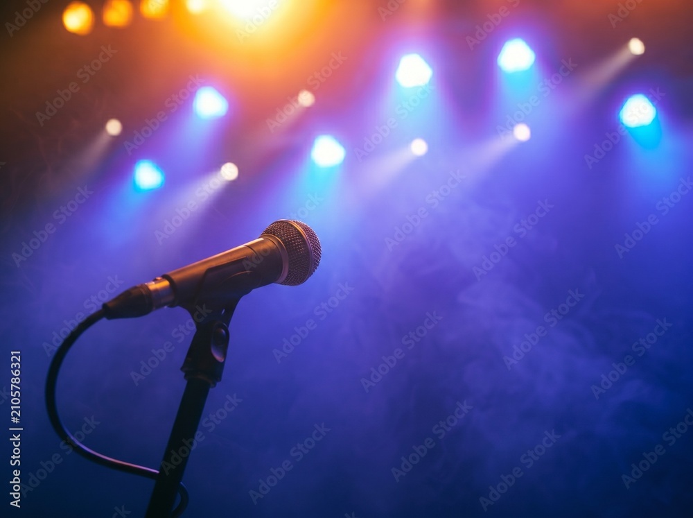 Obraz premium Live performance concept, microphone on stand in a concert venue, stage lighting and atmospheric fog effects