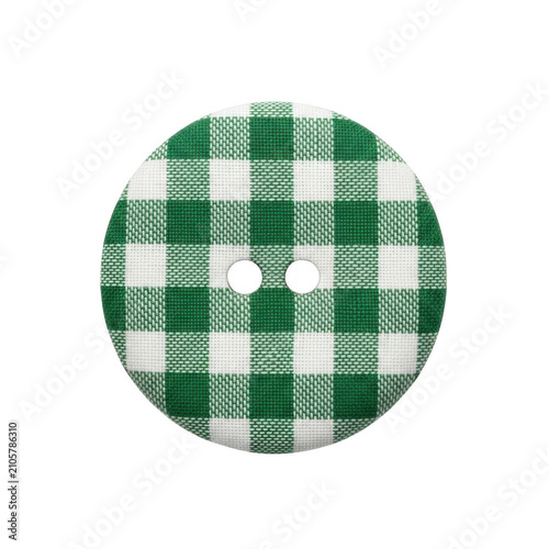 A circular sewing button covered in a classic green and white checkered gingham fabric pattern isolated on transparent background