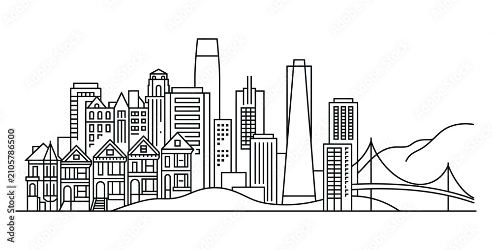 Obraz premium San francisco skyline linear illustration iconic buildings and golden gate bridge artwork