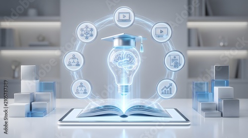 Digital learning ecosystem with graduation cap on glowing brain lightbulb representing artificial intelligence in modern education