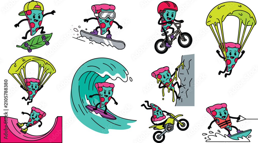 Obraz premium Funny Pizza Slice Mascot Character Set Doing Extreme Sports Including Skateboarding, Snowboarding, Surfing, Skydiving, Rock Climbing, and Motocross Vector Illustration