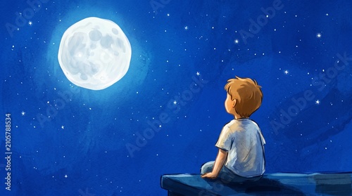 Wonder and contemplation, a person sitting and looking at a bright full moon in the night sky, peaceful imagination and discovery