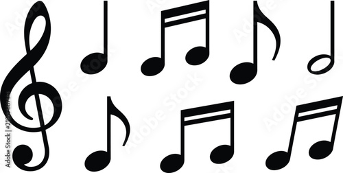Foto Black Music Notes and Treble Clef Icon Set with Classic Musical Symbols for Conc