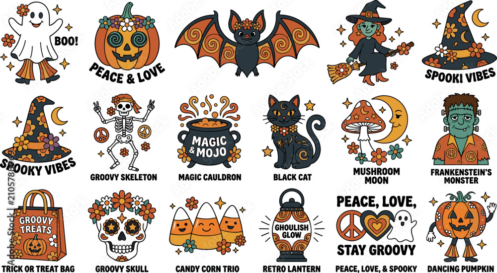 Fototapeta premium Groovy Halloween vector sticker set featuring retro seventies style cartoon ghost skeleton pumpkin witch and bat characters with funny spooky typography badges.
