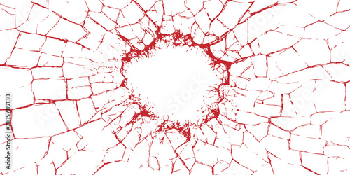Bild auf Leinwand Red shattered glass texture with cracked hole abstract damage impact graphic element concept vector illustration