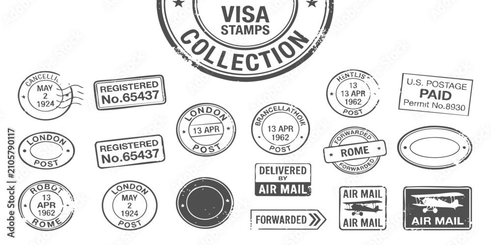 Obraz premium Set of vintage visa stamps and old postal mail marks for travel documents and international shipping design
