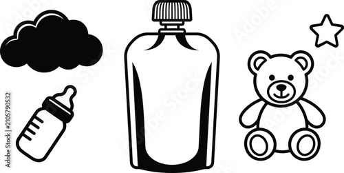 Photos A assortment of cute baby related black and white vector icons including a food pouch, a milk bottle, and a teddy bear