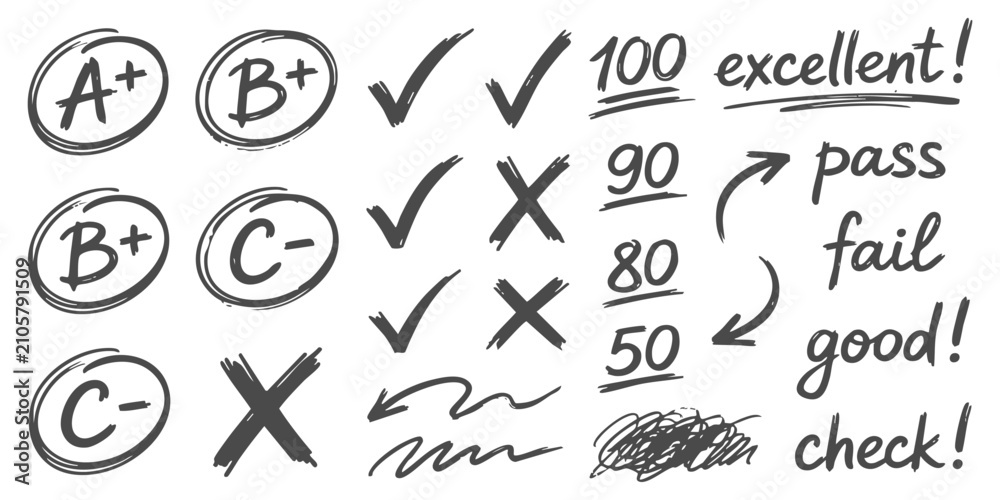 Fototapeta premium Handwritten school grade marks with check signs and cross symbols for testing and evaluation on paper sheets