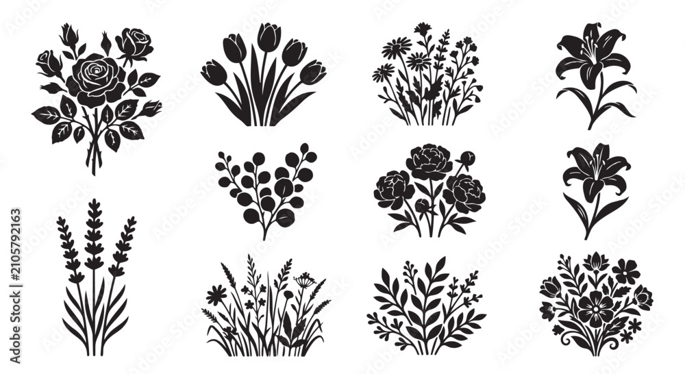 Fototapeta premium Set of black hand drawn floral sketches and nature botanical elements with botanical, lavender