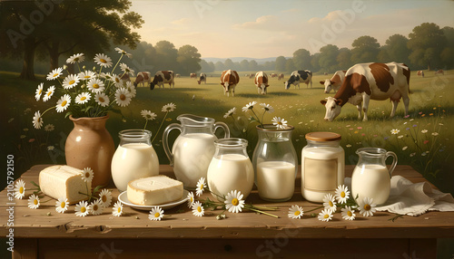 Still life with farm dairy products against a backdrop of grazing cows in a green village meadow