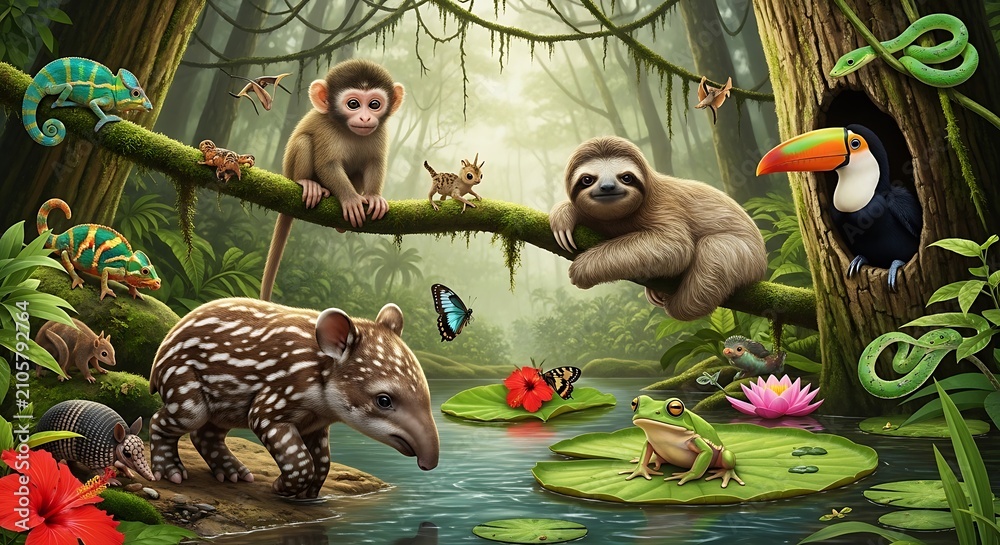 Obraz premium Diverse tropical rainforest wildlife in a lush jungle habitat with rainforest