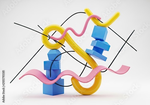 Abstract 3D geometric shapes with pink and yellow ribbons