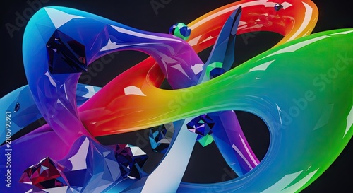 Abstract colorful geometric shapes with glass-like transparency.
