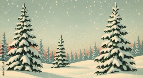 Frosted evergreen trees in snowy winter forest landscape.