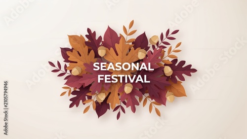 Seasonal festival text surrounded by 3 d paper cut autumn leaves and acorns
