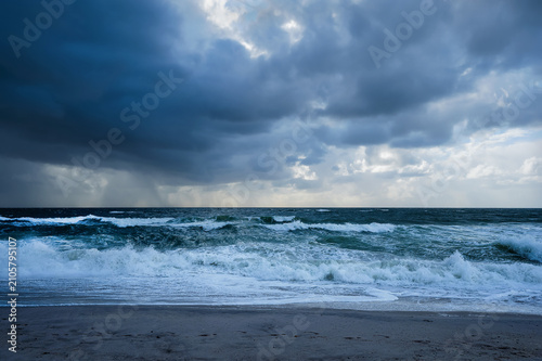 A beach on the North Sea island of Sylt with high waves following a storm.