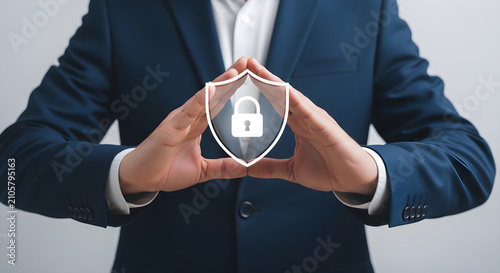 Professional Business Leader Protecting Digital Data Security with Virtual Shield Icon Concept for Corporate Cybersecurity and Infrastructure Protection