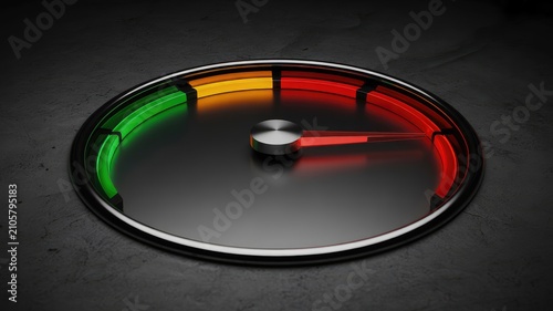 Modern circular speedometer gauge with glowing color coded needle with set against dark reflective background metallic silhouette effect sleek futuristic speedometer warning sign