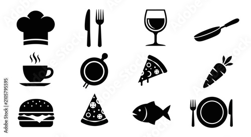 Foto Collection of black silhouette icons representing various food and dining items