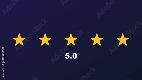 Five star rating animation with 5.0 score display for customer feedback and review systems 4k
