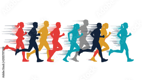 Canvastavla A vibrant illustration depicts a diverse group of runners in silhouette, their colorful forms blurred with motion lines, symbolizing the energy and dynamism of a race