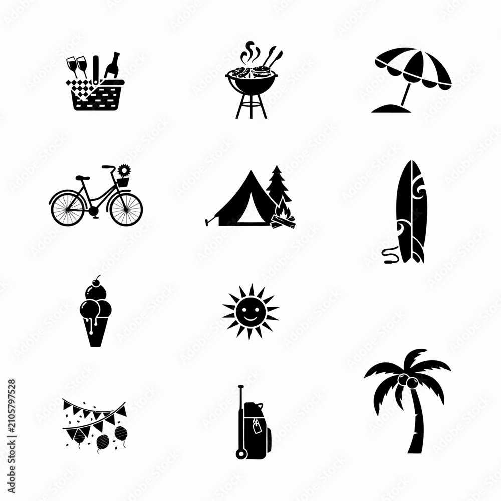 Fototapeta premium Black and white vector icons representing summer activities travel holidays beach camping barbecue picnic surfing with background with displays collection black