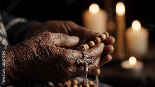 Old hands holding a rosary. Senior person praying with beads by candlelight.