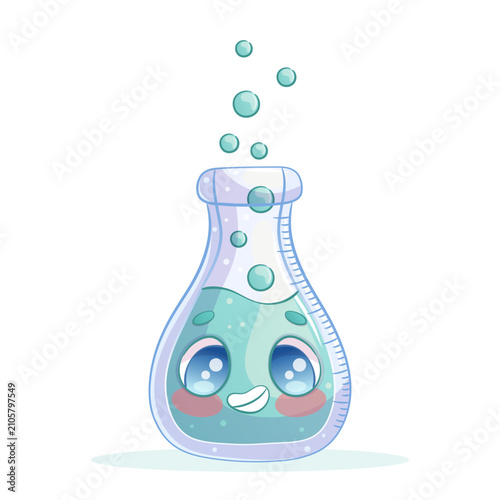 Hand-drawn cute cartoon characters. A glass laboratory flask for scientific research. Isolated on a white background. Cartoon children's vector illustration for poster design, printing, textiles