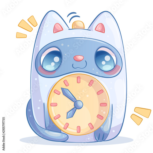 Hand-drawn cute cartoon characters. An alarm clock in the form of a cat. Isolated on a white background. Cartoon children's vector illustration for poster design, printing, textiles