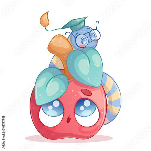 Hand-drawn cute cartoon characters apple and worm wearing glasses and a student hat. Isolated on a white background. Children's vector cartoon illustration for poster design, printing, textiles