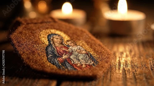 Traditional brown scapular close-up. Religious devotional item for Catholic prayer.