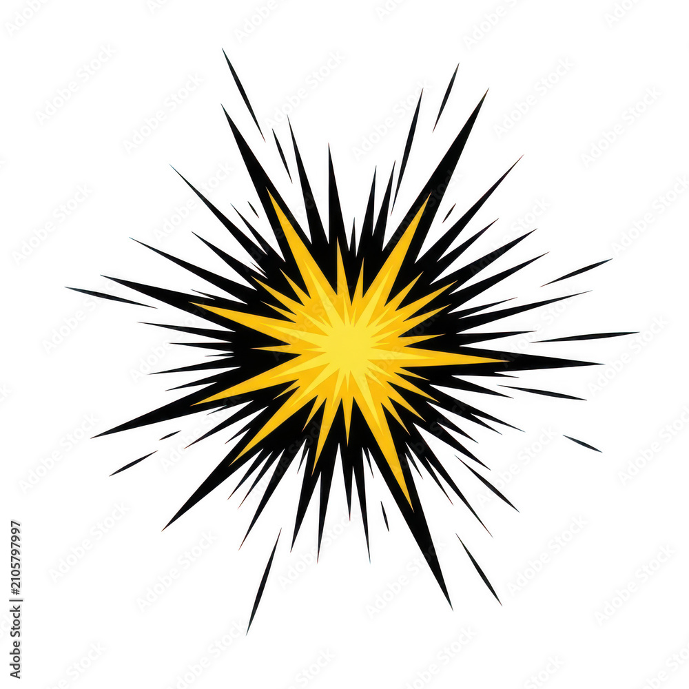 Fototapeta premium Comic book explosion starburst element, retro pop art style boom effect, yellow and black dynamic flash graphic for design projects isolated on Transparent Background